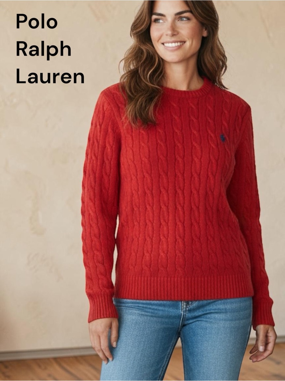 Polo Ralph Lauren Red Cable Knit Cotton Sweater Blue Pony Size L
